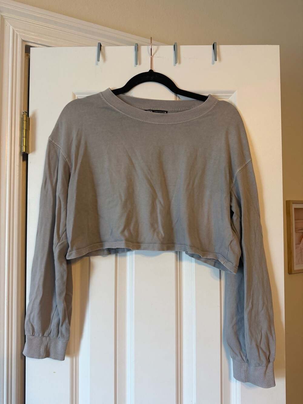 Zara Grey Crewneck Cropped Long Sleeve tee shirt